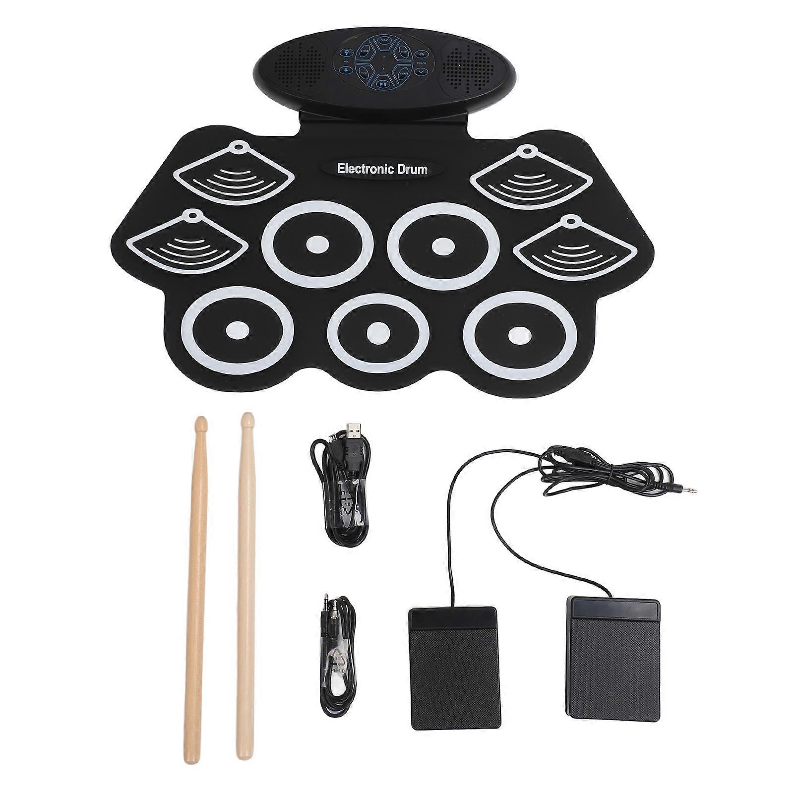 Batterie électronique 9 pads, 2 haut-parleurs stéréo, portable, USB, enroulable, MIDI, pour enfants et adultes