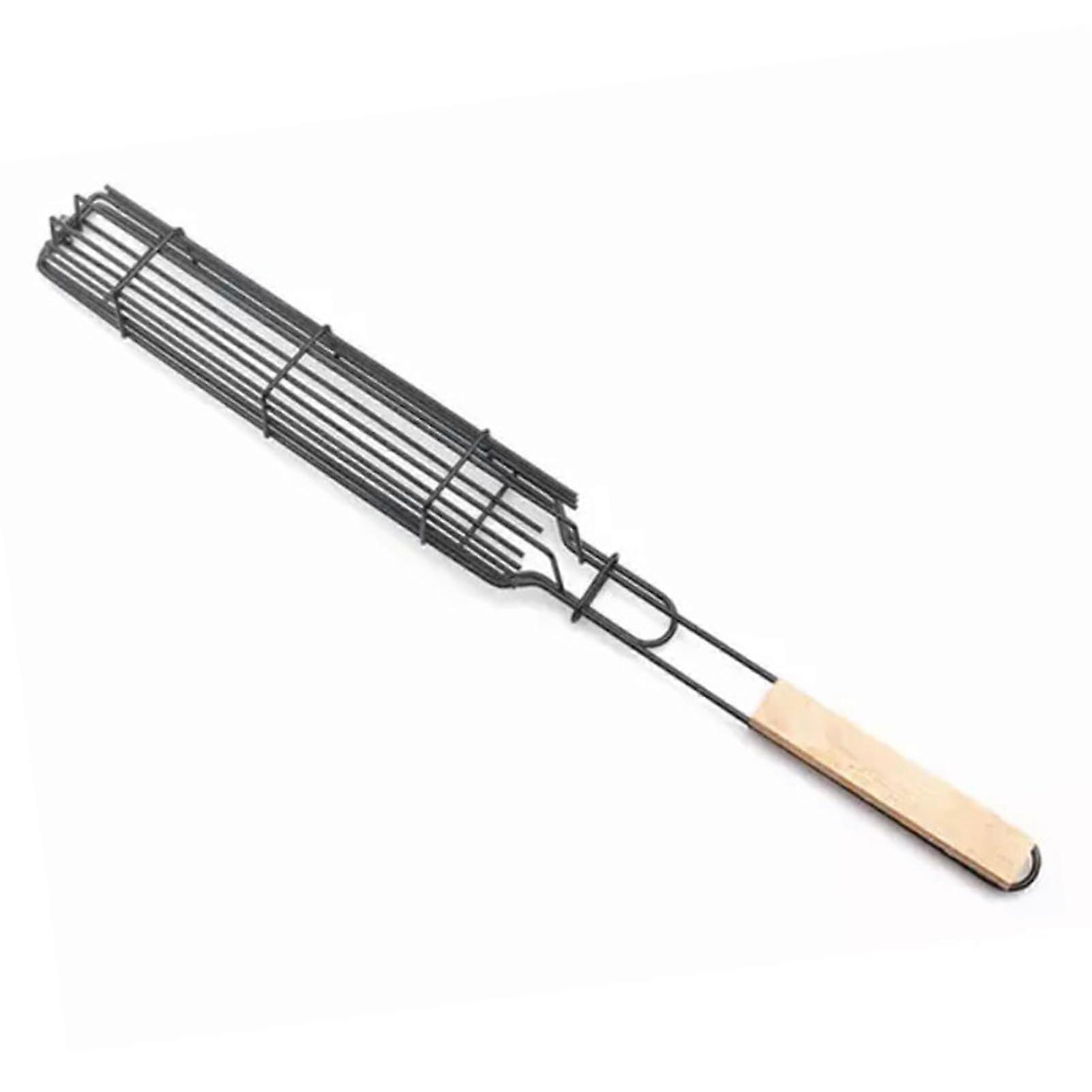 Barbecue Clip Stainless Steel Kebab Grill Basket with Lockable Grid Mini Tongs and Metal Skewers Wood-Colored Kabob Basket