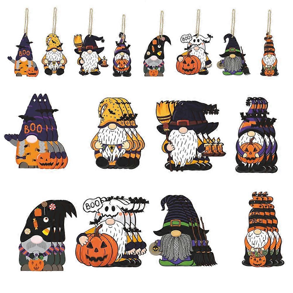 Hanging Wooden Ornaments Halloween Gnome Bat Spider Design, Dwarf Wooden Tags With Rope, 24 Pieces, 8 Styles