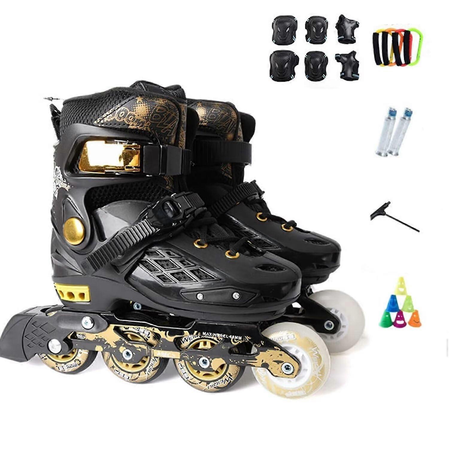 Adjustable Professional Fancy Inline Skates for Kids and Adults, Outdoor Rollerblades with Safety Gear, Size S, Black