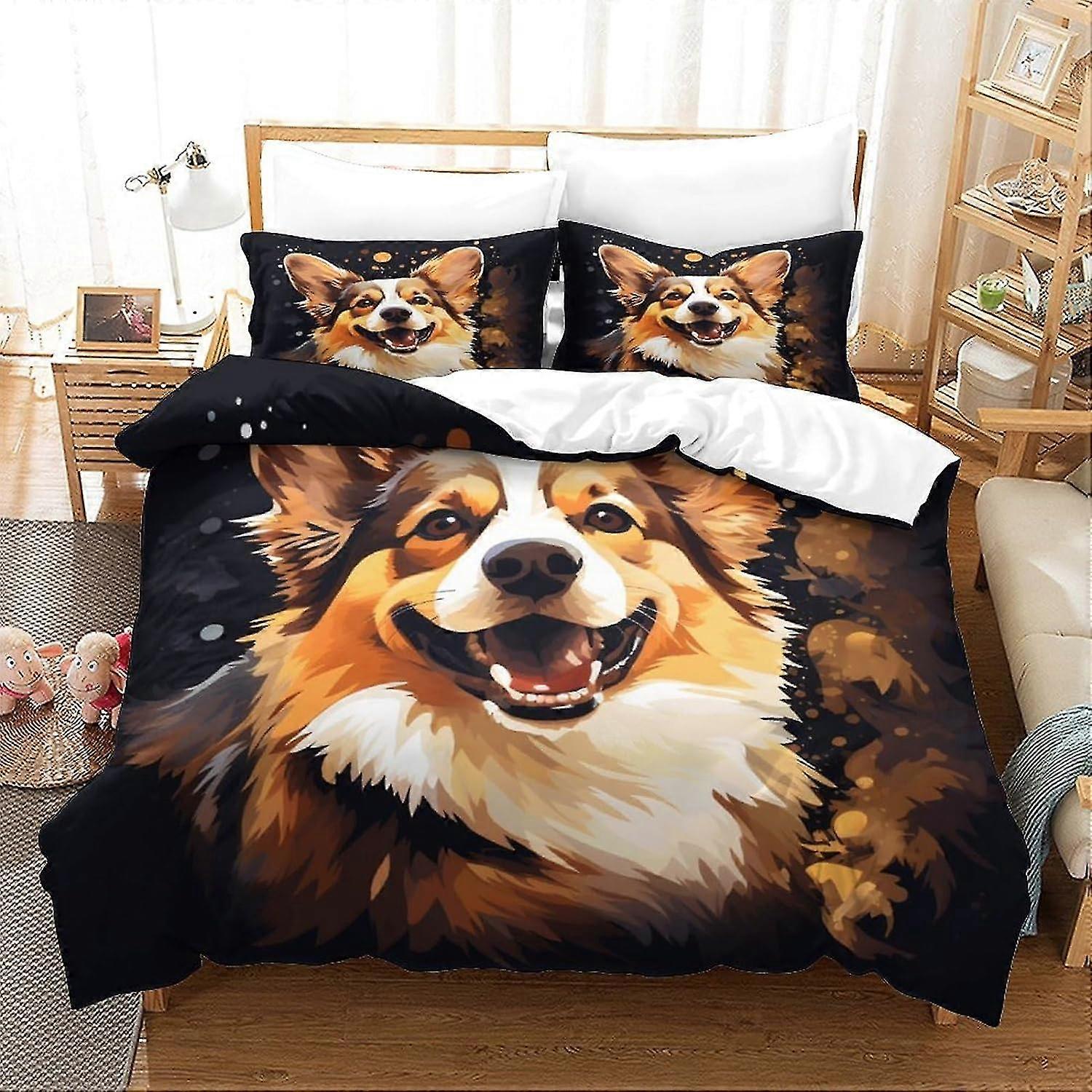 Conjunto de Berço Corgi para Pintura a Óleo, Protetor de Colchão Esportivo, Design Fofo 3D, Microfibra, Conjunto de 3 Peças com Zíper e 2 Fronhas