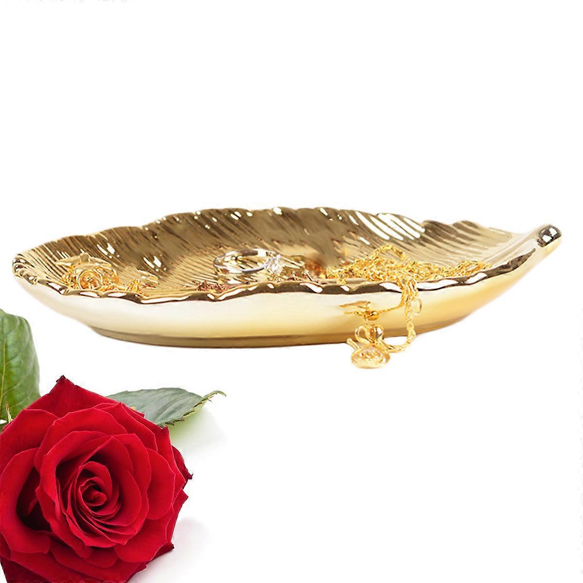 Small Decorative Tray Handmade Home Desktop Decoration Golden Leaf Shape 1Pack