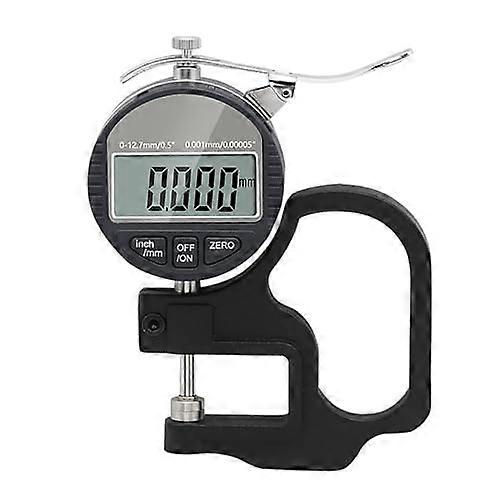 Digital thickness gauge, 0.001 mm resolution, 0–12.7 mm range for measuring paper, leather, fabric, film, adhesive tape, and wire.