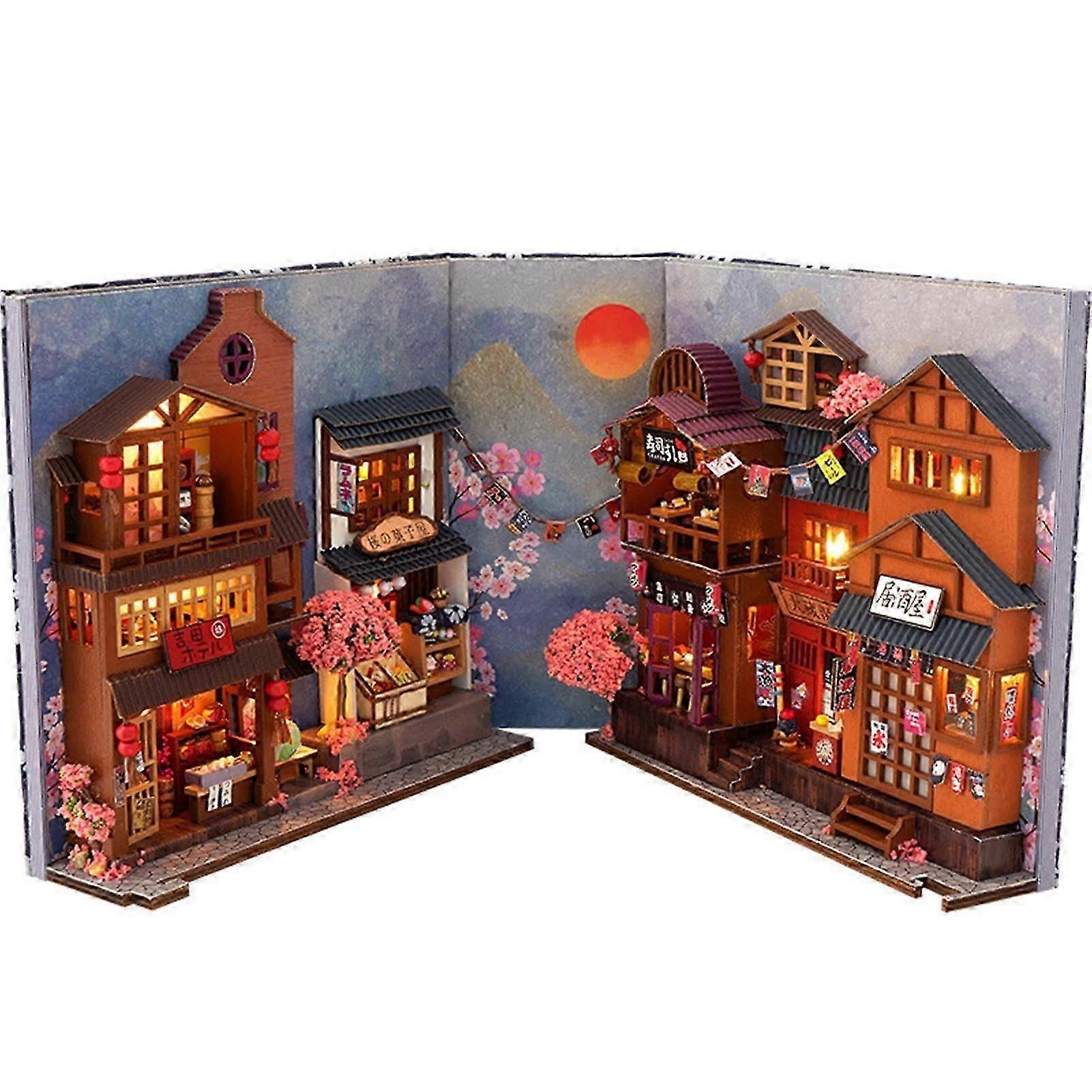Book Nook Wooden Puzzle Bookend with LED Lighting, Insert Bookshelf Bookend Miniature Kit