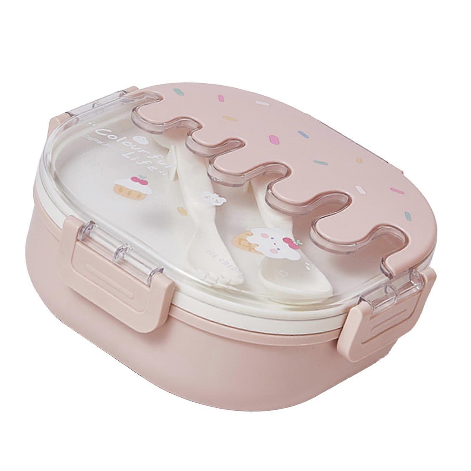 Lunchbox for Kids and Adults, 3 Compartments, Pink Ice Cream Design, Plastic Lunch Container with Fork and Spoon for School, Work, Travel