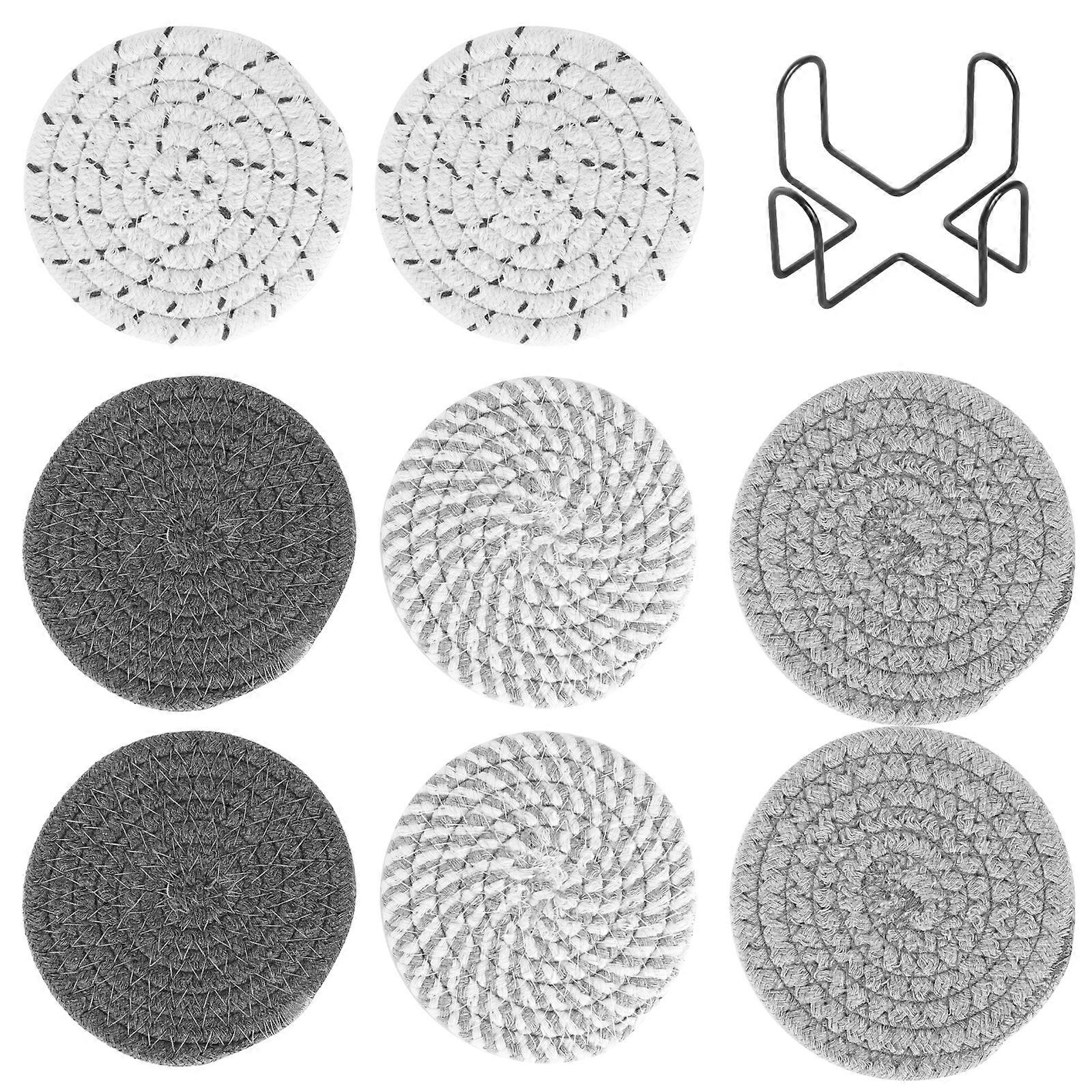 8pcs Braided Cotton Round Coasters with Storage Rack Gray Series