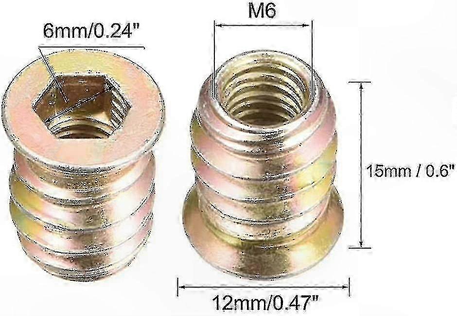 Inserts d’écrous d’entraînement hexagonaux pour meubles, M6 x 15 mm, paquet de 50 inserts filetés en bois Kit d’outils avec douille hexagonale pour les projets d’assemblage