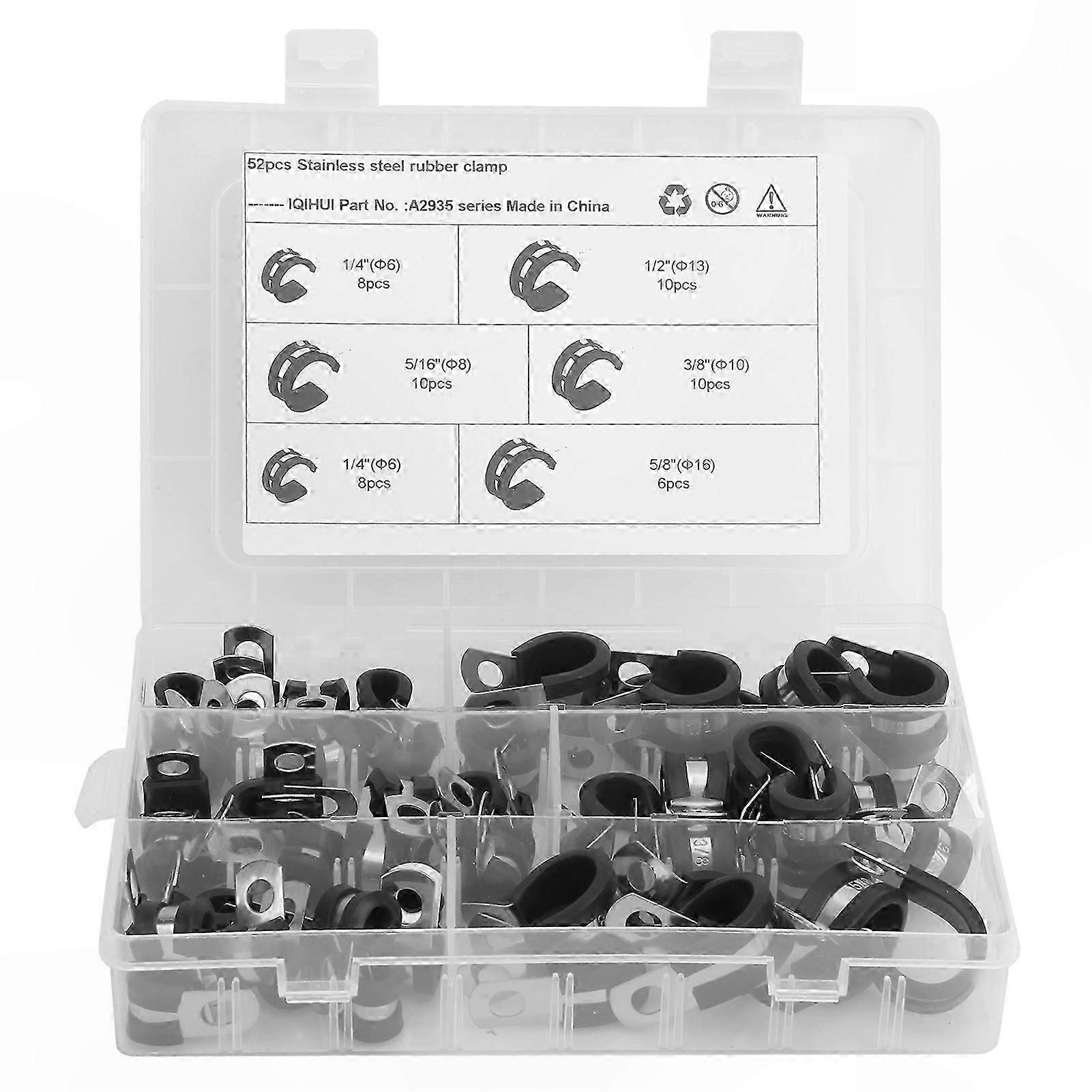 52-Piece R-Type Pipe Clamp Kit with Rubber Cushion Clips, 5 Sizes: 1/4", 3/8", 1/2", 5/8", 5/16"