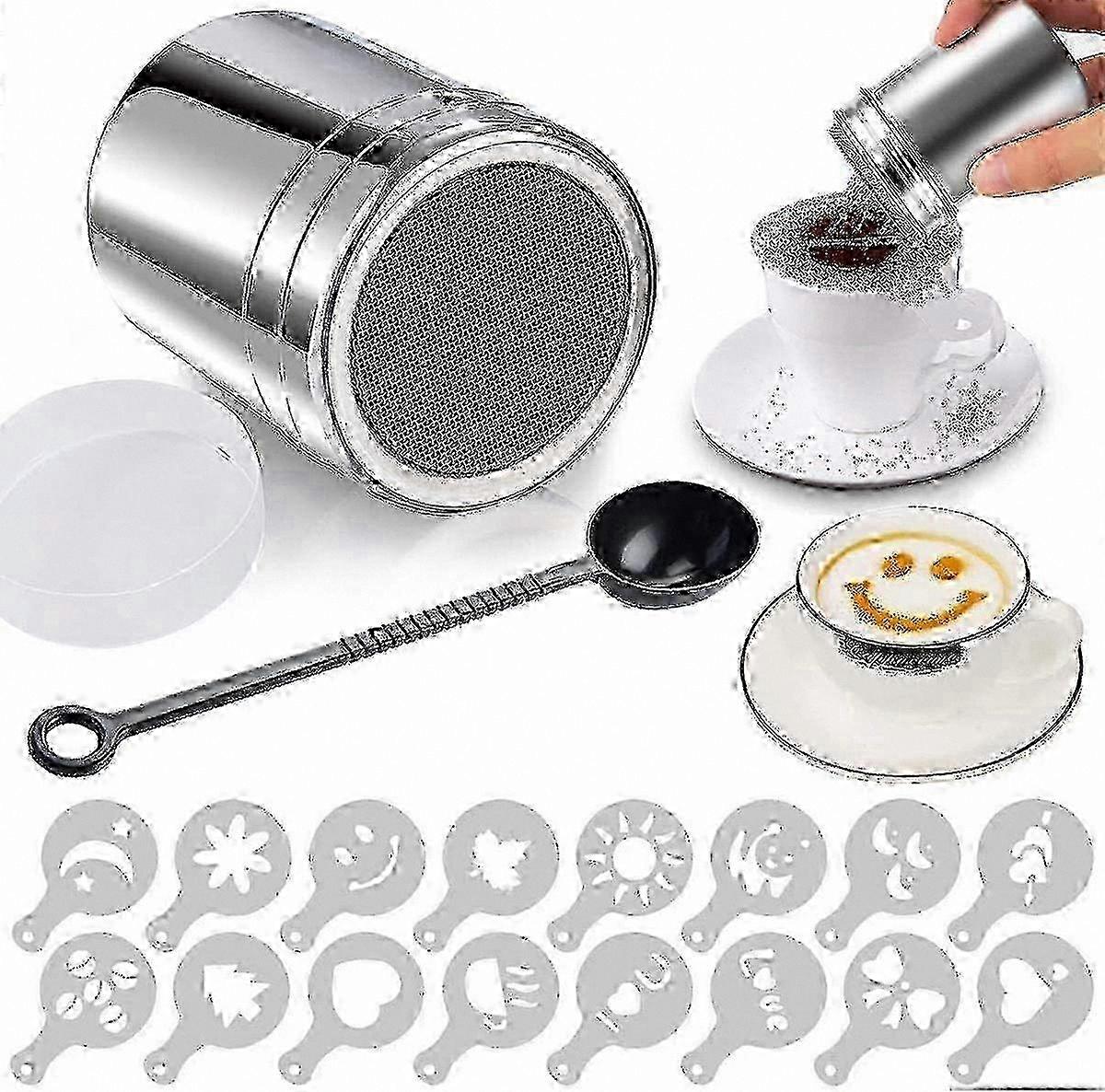 Stainless Steel Cocoa and Icing Sugar Shaker with Lid, Includes 16 Cappuccino Stencils for Powder Dusting