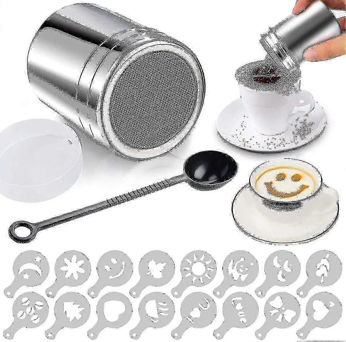 High Quality Stainless Steel Cocoa Shaker, Icing Sugar Shaker, Cocoa Shaker With Lid And 16 Coffee Cappuccino Templates For Cocoa Powder, Chocolate Cs