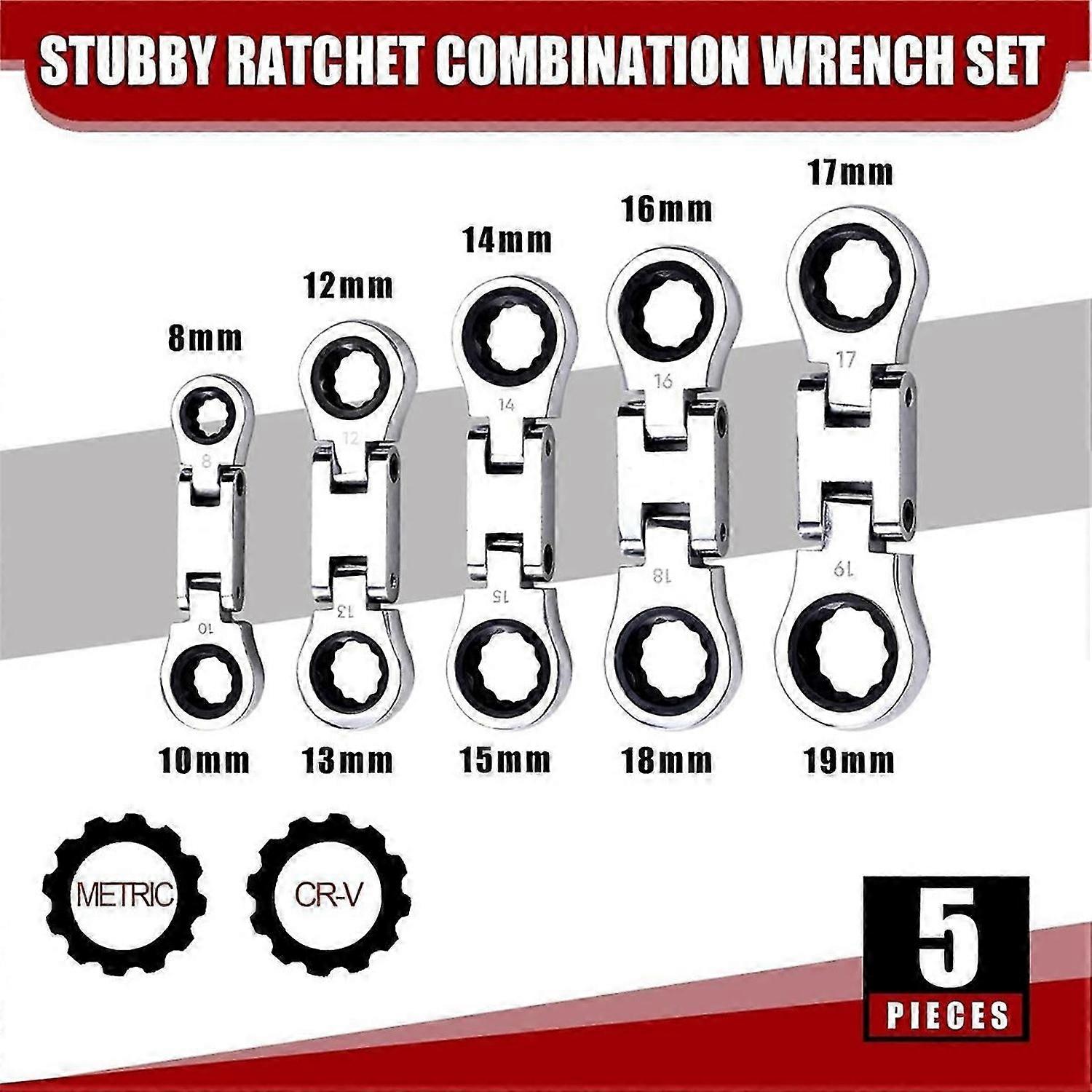 5-Piece Stubby Flex-Head Ratcheting Wrench Set Metric Combination