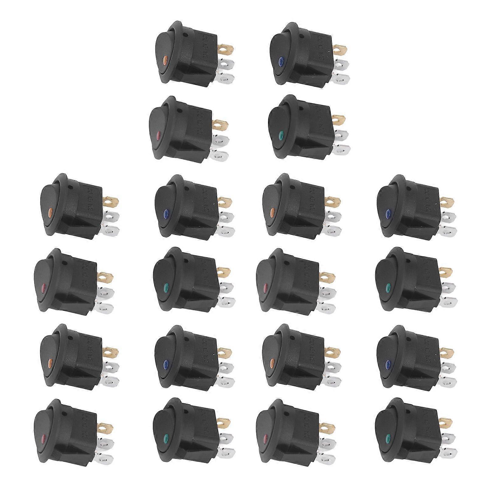 20Pcs 12V Round Rocker Switch LED Light 3 Pin 2 Level Toggle SPST Blue Green Yellow Red KCD1