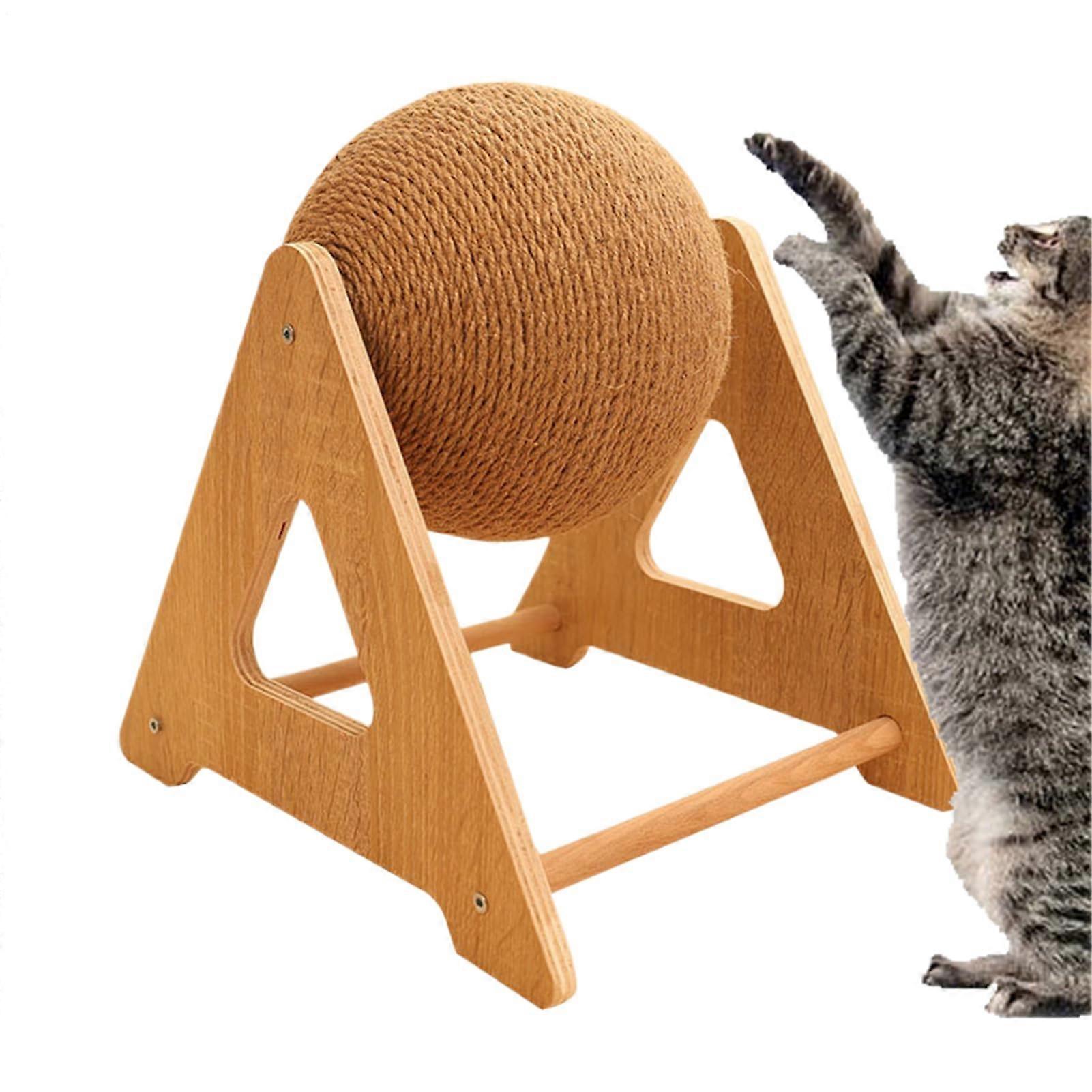 Natural Sisal Cat Scratcher Toy with Solid Wood Base, Interactive Scratching Ball and Post for Claw Grinding and Climbing