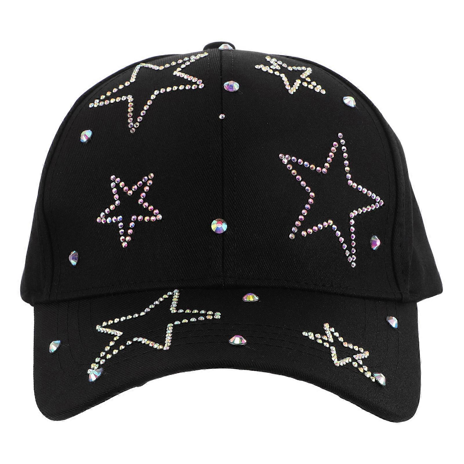 Black Rhinestone Baseball Cap for Sun Protection with Star Design