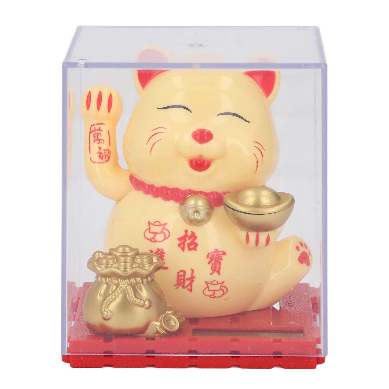 Lucky Cat Waving Arm Vivid Lovely Chinese Cat Solar Fortune Cat Statue Decoration for Decorating Front Desk Car Business Openings Yellow
