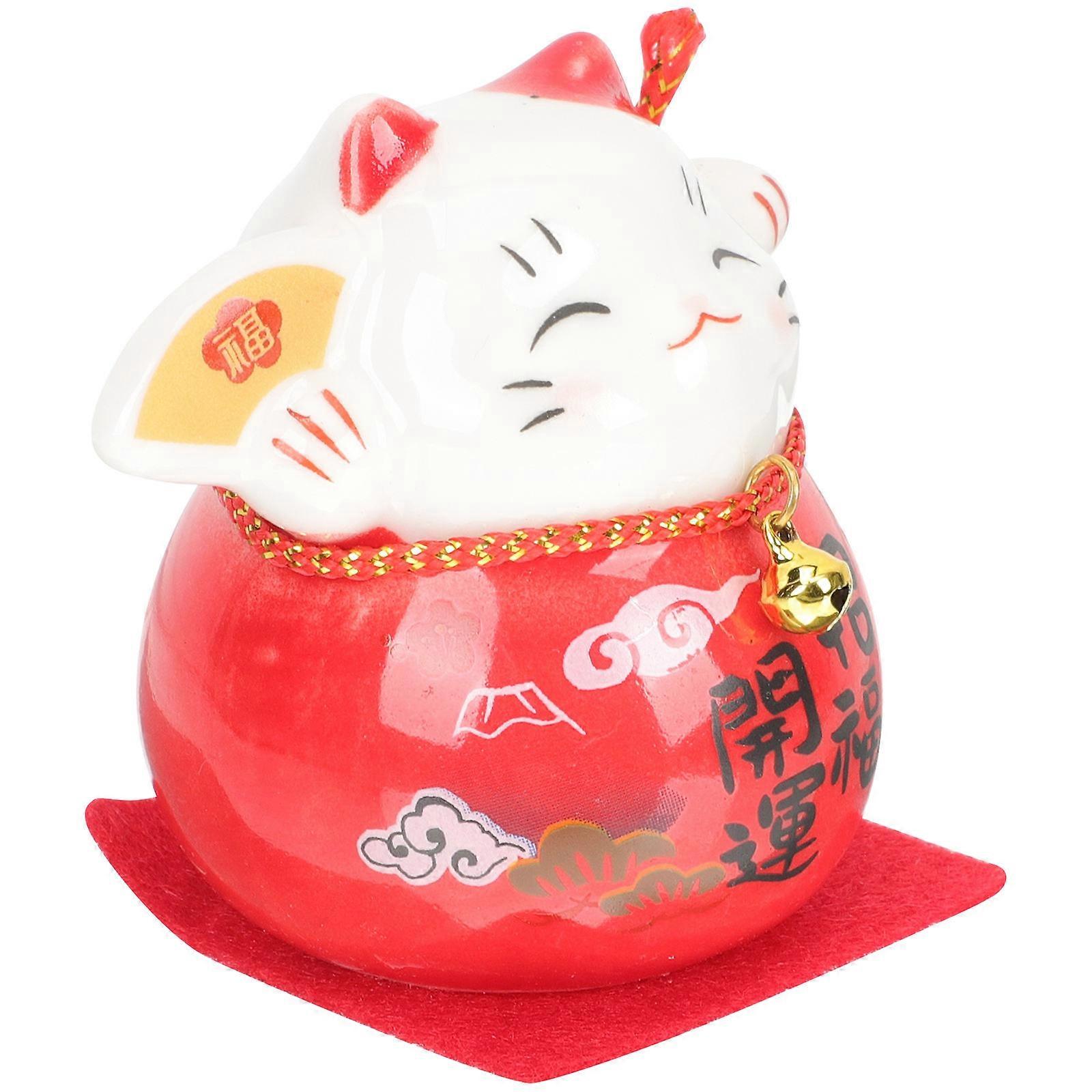 Red Wealth Cat Ceramic Ornament for Decoration