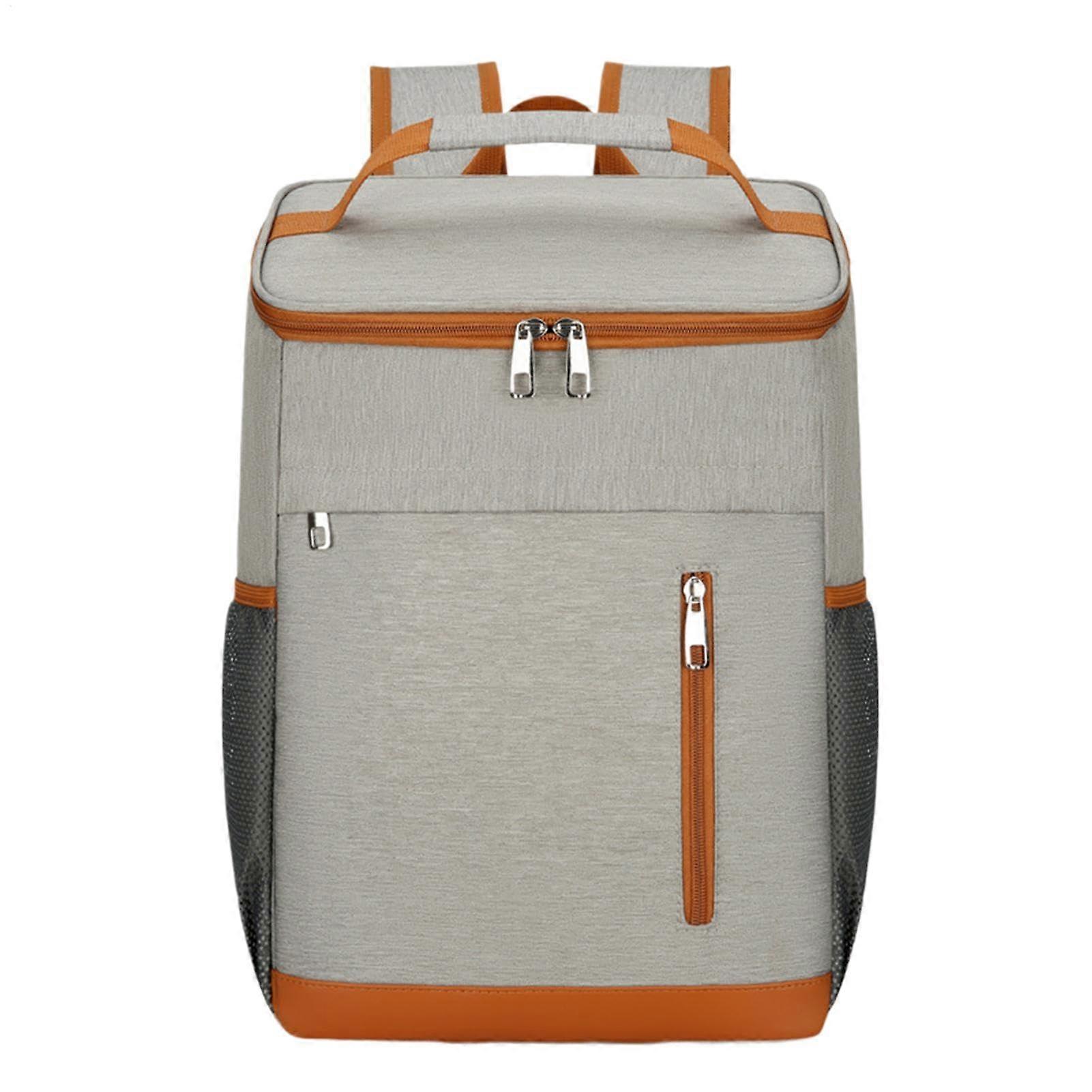 Soft Cooler Backpack With Hard Lining And Soft Sides, Large Insulated Picnic Lunch Backpack, Grey And Orange, Camping BBQ