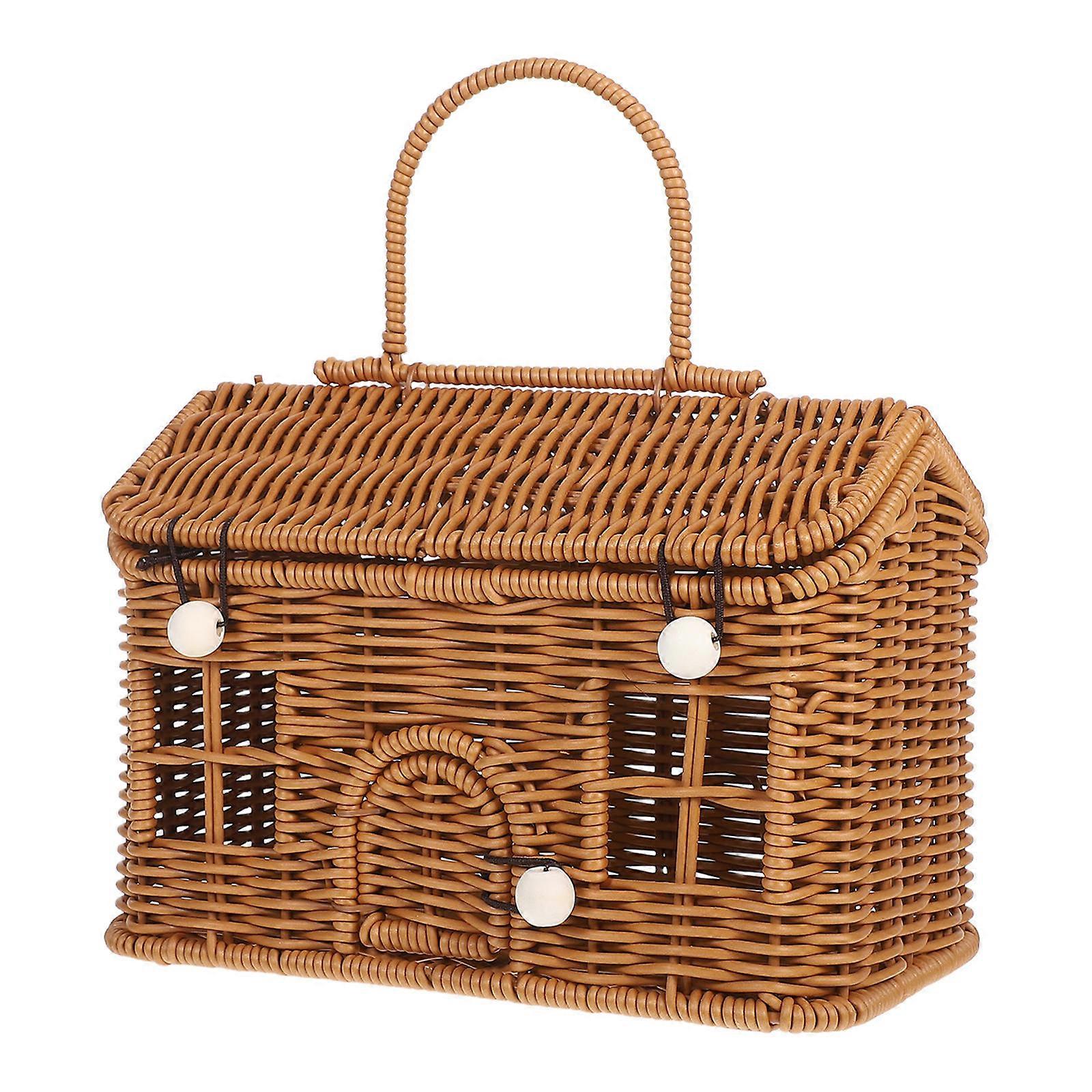 Brown Handheld Woven Storage Basket for Storage 2Pcs Picnic Basket