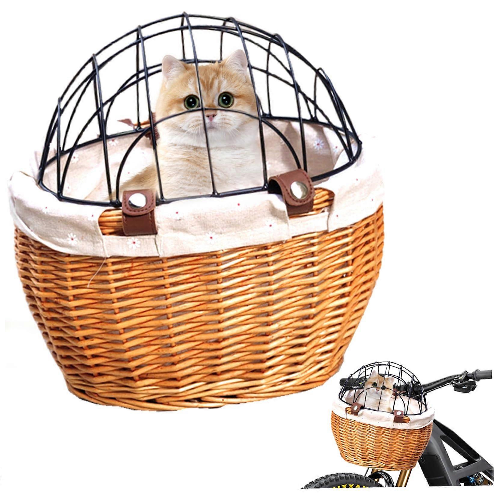 Dog Bike Basket 11.8x9.8x13.8In Breathable HollowOut Wicker Front Basket With Wire Mesh Cover Removable Vintage Pet For Small Dogs Cats