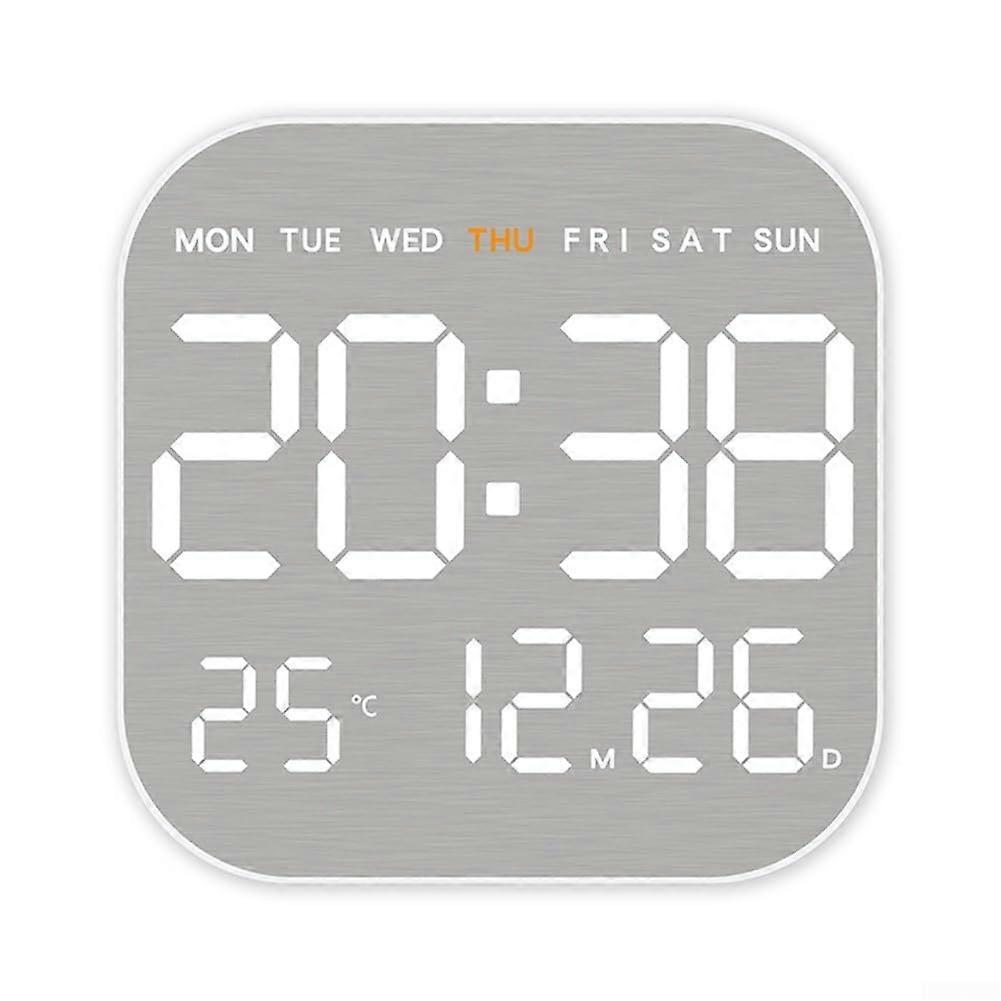 Square Metal Brushed Wall Clock With Digital Alarm Time Date Temperature Humidity Display 12/24 Hour Format Adjustable Brightness White