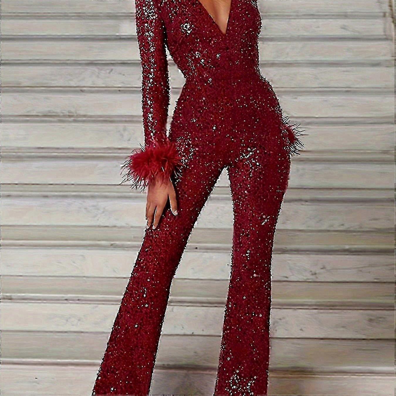 Stylish Solid Color Sequin Wide Leg Jumpsuit with Deep V Neck and Long Sleeves for Elegant Fall and Winter Looks 26s