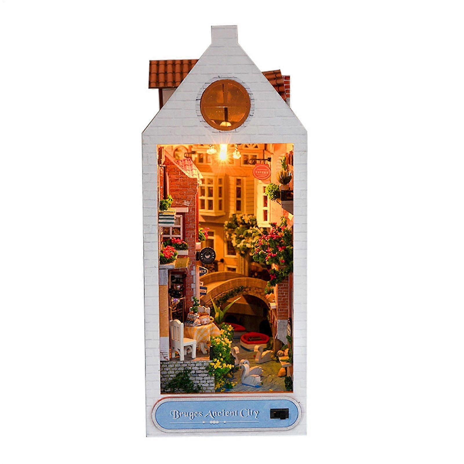 Miniature Cabin Kit Corner Book Cabin With LED Light Puzzle Kit Handmade Bookcase Insert Rustic Diorama Shelf Multius