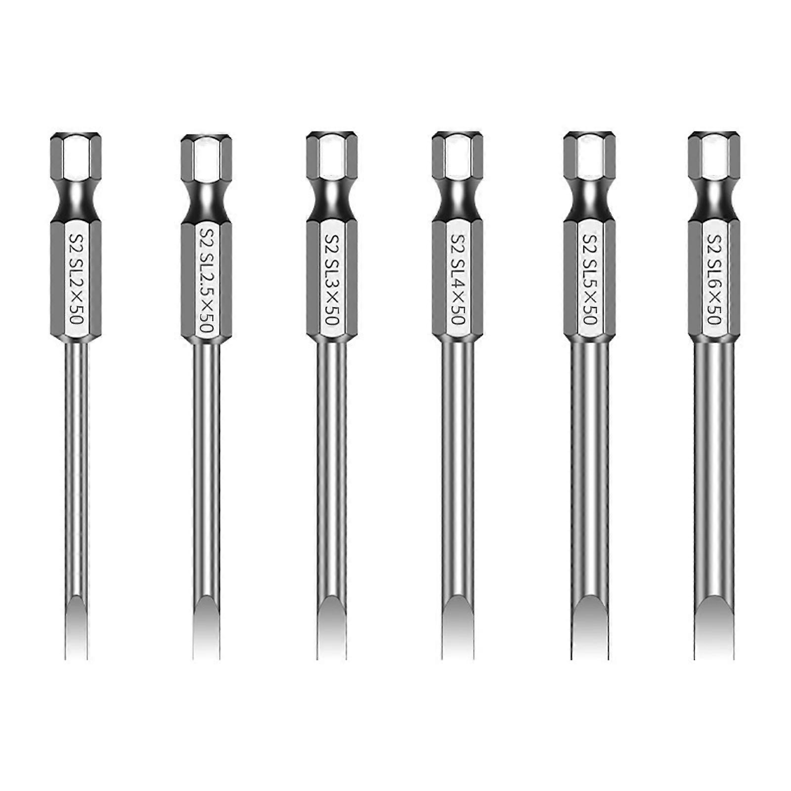 6Pcs Magnetic Flat Head Screwdriver Bits Set 50mm Length 2-6mm S2 Alloy Steel Suitable For Power Tool And DIYer Projects Multicolor