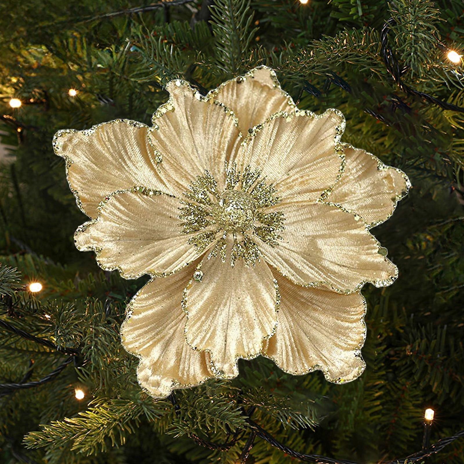 Christmas Glitter Artificial Flowers, 3D Magnolia with Glitter Lock Edges, compatible with Christmas Tree, Wreath, Window, Fireplace Ornaments, Home