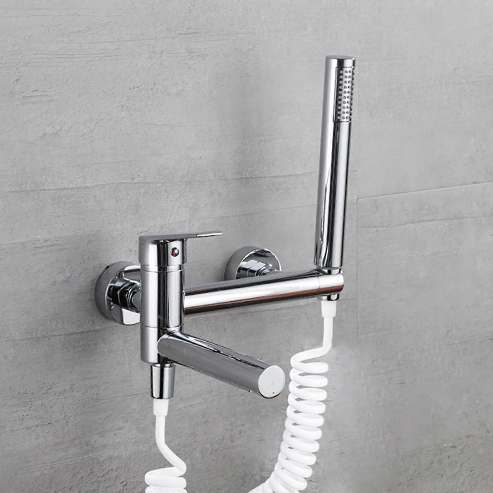 Bath Mixer Tap with Shower Head and Hose Set, Wall Mounted Chrome Rotating Tub Faucet