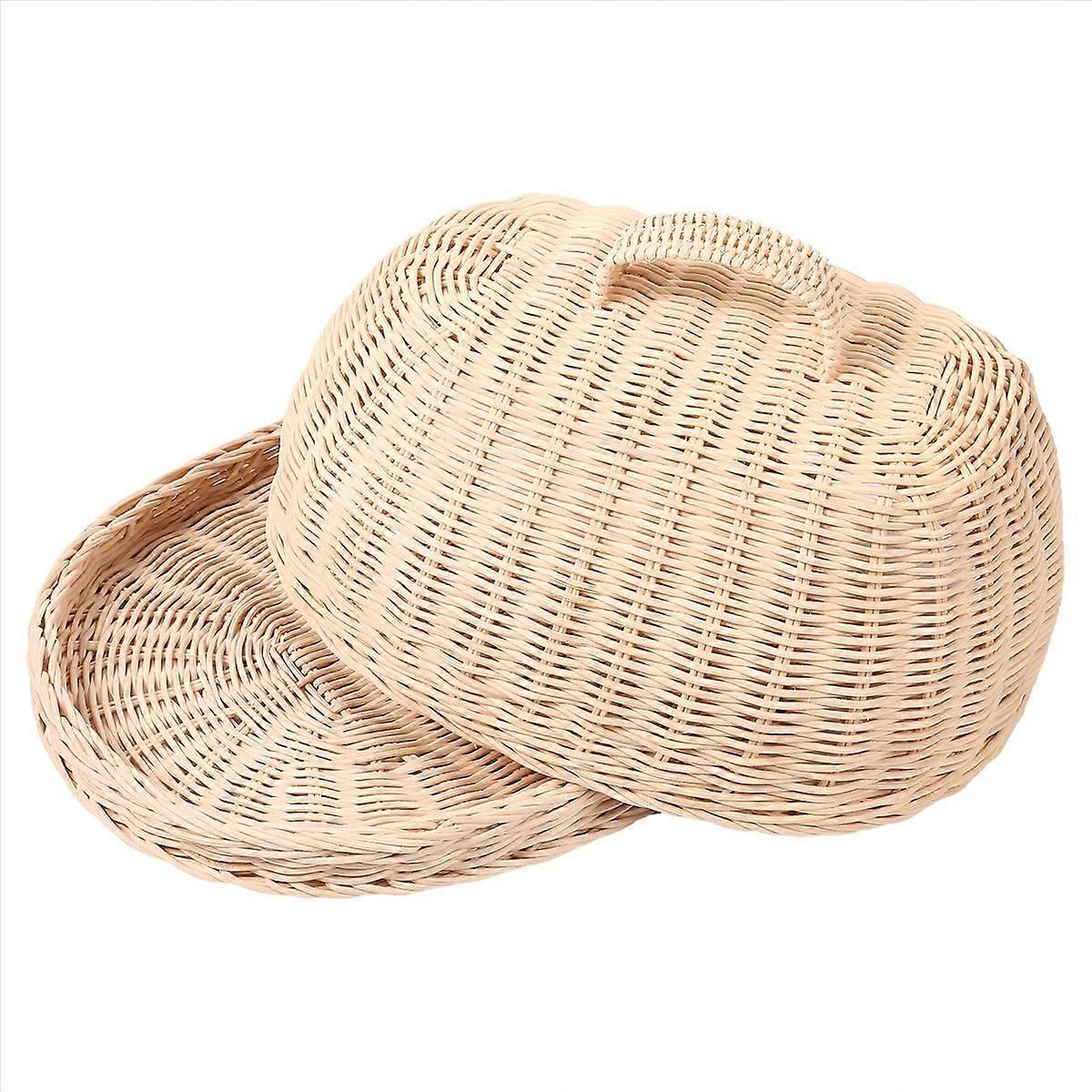 Vassoio portaoggetti in rattan con coperchio, tessuto a mano, per cibo, frutta, torta, ecc
