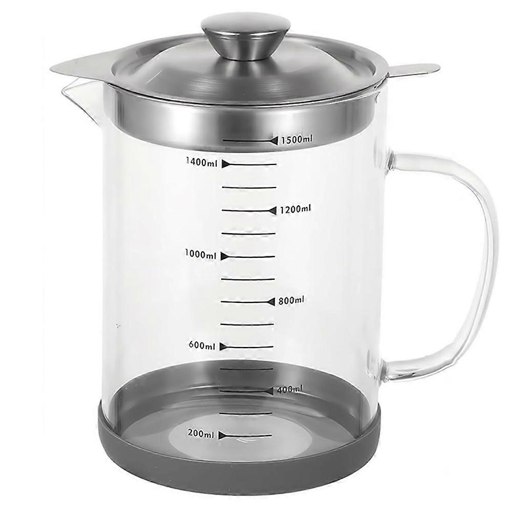 Premium 1.5L Bacon Grease Container with Strainer - Stainless Steel Filter, Borosilicate Glass, Non-Slip Base
