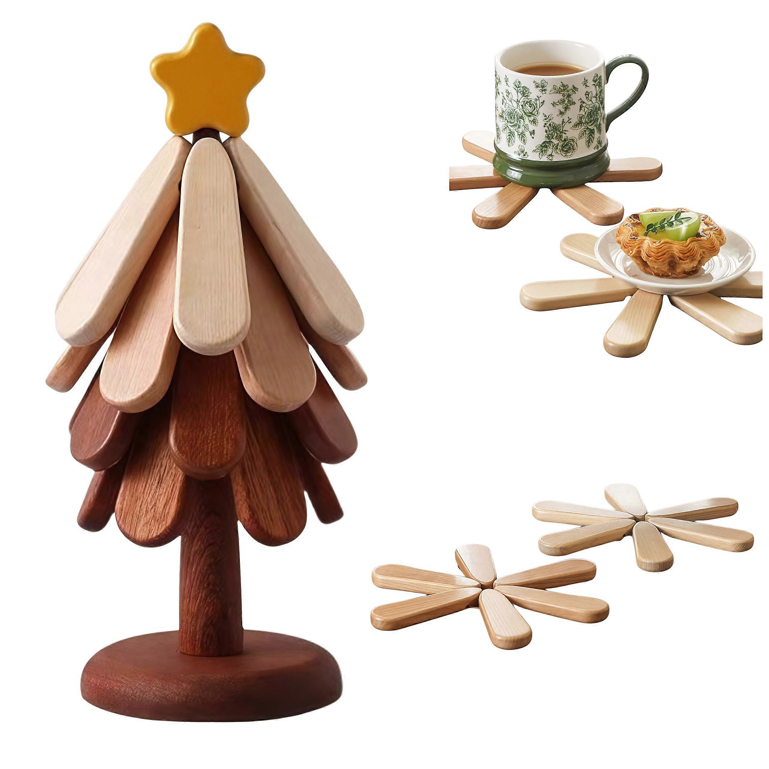 Christmas Tree Trivet and Wooden Coasters Set, Heat Resistant Holiday Table Protector, 4pcs with Stand and Star Topper