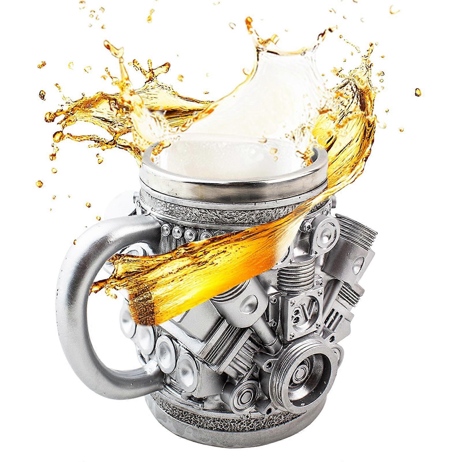 V8 Engine Design Stainless Steel Beer Mug 14oz Heavy Duty Cup with Handle for Car Enthusiasts