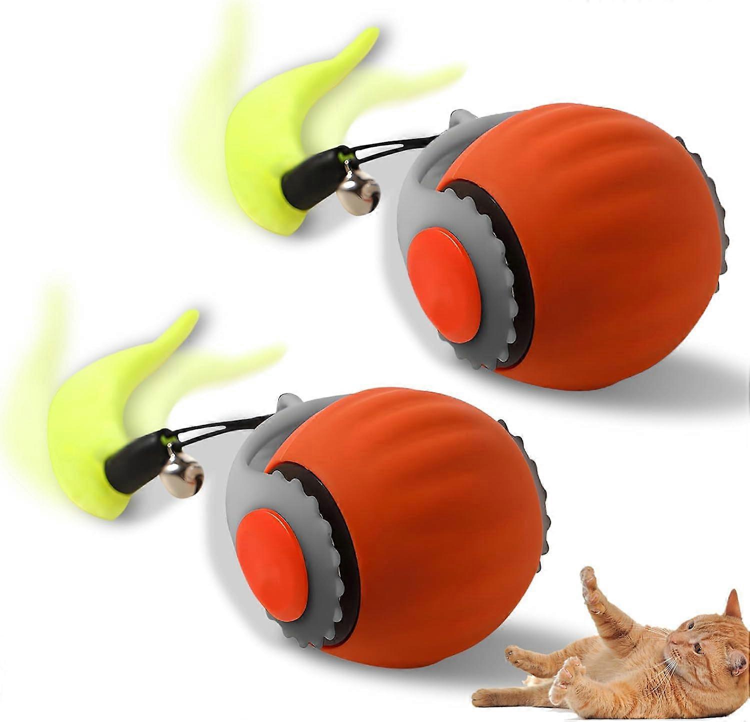 Interactive Cat Toy with Tail, Automatic Rolling Ball for Indoor Cats, Dual Speeds, Orange 2Pack