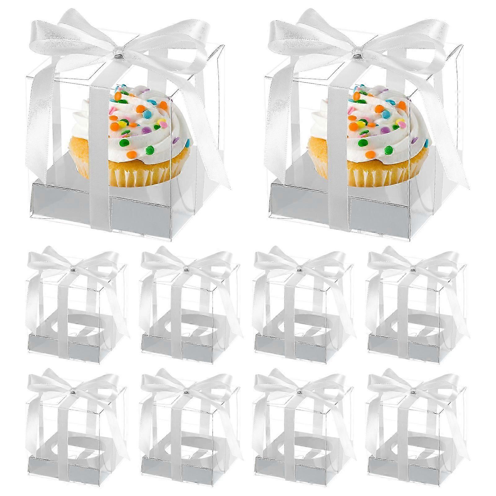 Transparent PVC Cupcake Storage Boxes with Ribbon and Inserts,10pcs