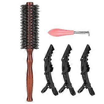 Ensemble de brosses à cheveux rondes en bois avec poils de sanglier et picots en nylon pour le brushing, le démêlage et la brillance, comprenant 3 pinces bec de canard et un peigne.
