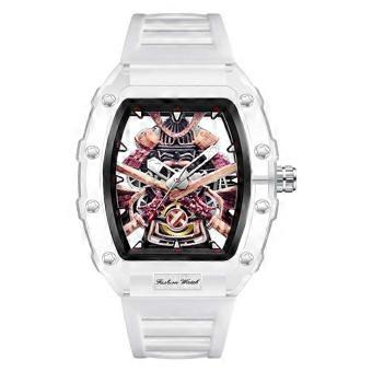 Men's Skeleton Watch Transparent Case Tonneau Design Black Red Dial Sport