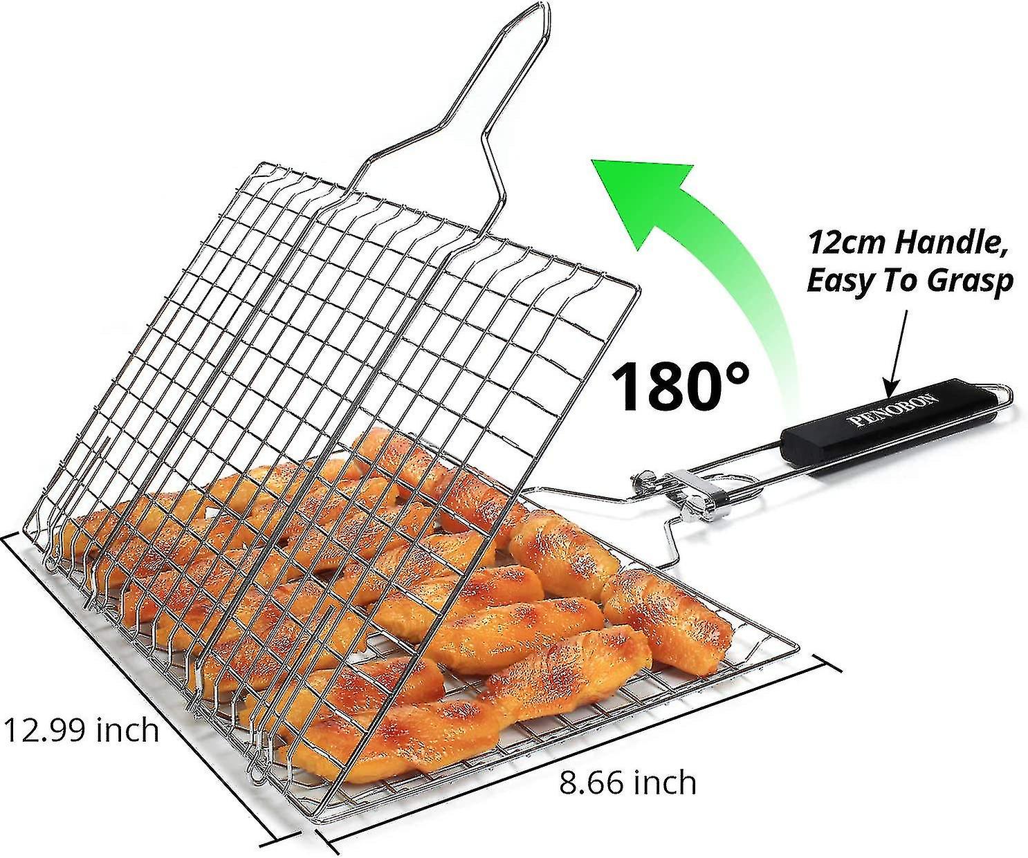 Upkoch 2 X Faltbare Fischgrillkörbe Aus Edelstahl – Je 54 X 11 X 1 Cm, Mit Holzgriff, Für Fisch, Gemüse, Fleisch Am Grill