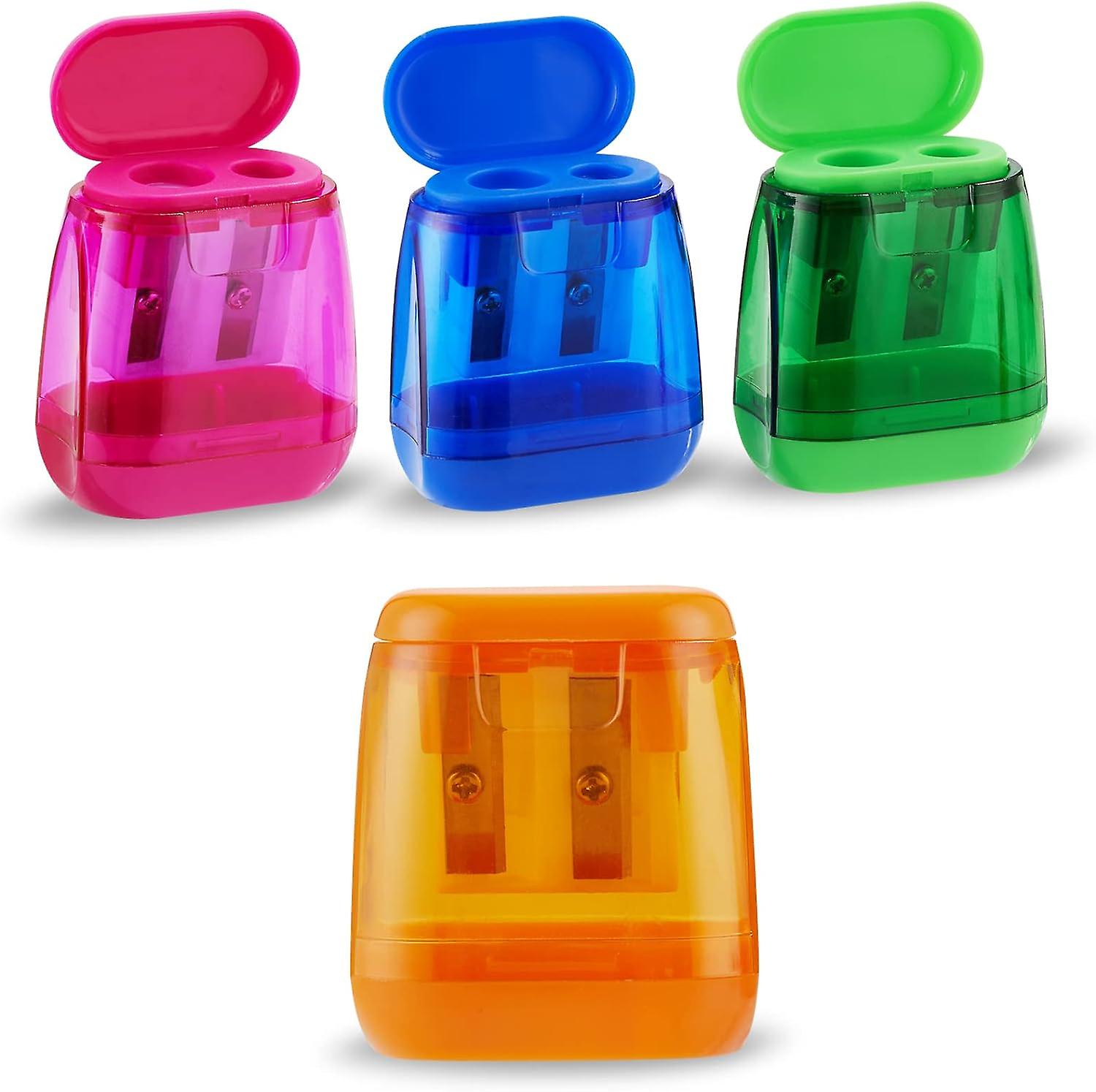 4-Piece Pencil Sharpener, Dual Hole Compact Color Handheld Pencil Sharpener with Cover (4 Colors)