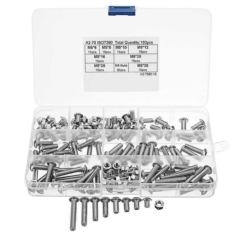 150Pcs M5 Stainless Steel 6-30mm Hex Socket Button Head Screw Allen Bolt Assortment Kit
