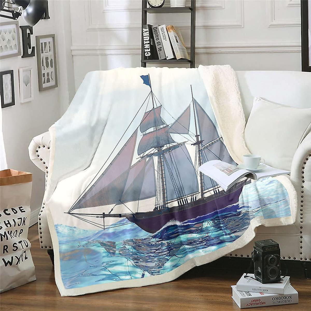 Nautical Fleece Throw Blanket Sailboated Plush Blanket for Bed Sofa Oceand Sherpa Blanket Breathable Sea Adventure Warm Fuzzy Blanket Blue Double