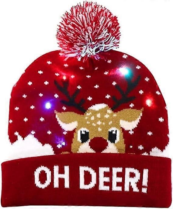 LED Christmas Hat, Light Up Christmas Hat Unisex Knitted Beanie Holiday Hat with Deer Printing for P