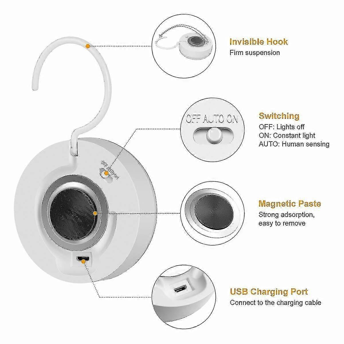 Night light, motion detector, auto ON / OFF, rechargeable wireless LED lamp with integrated hook and