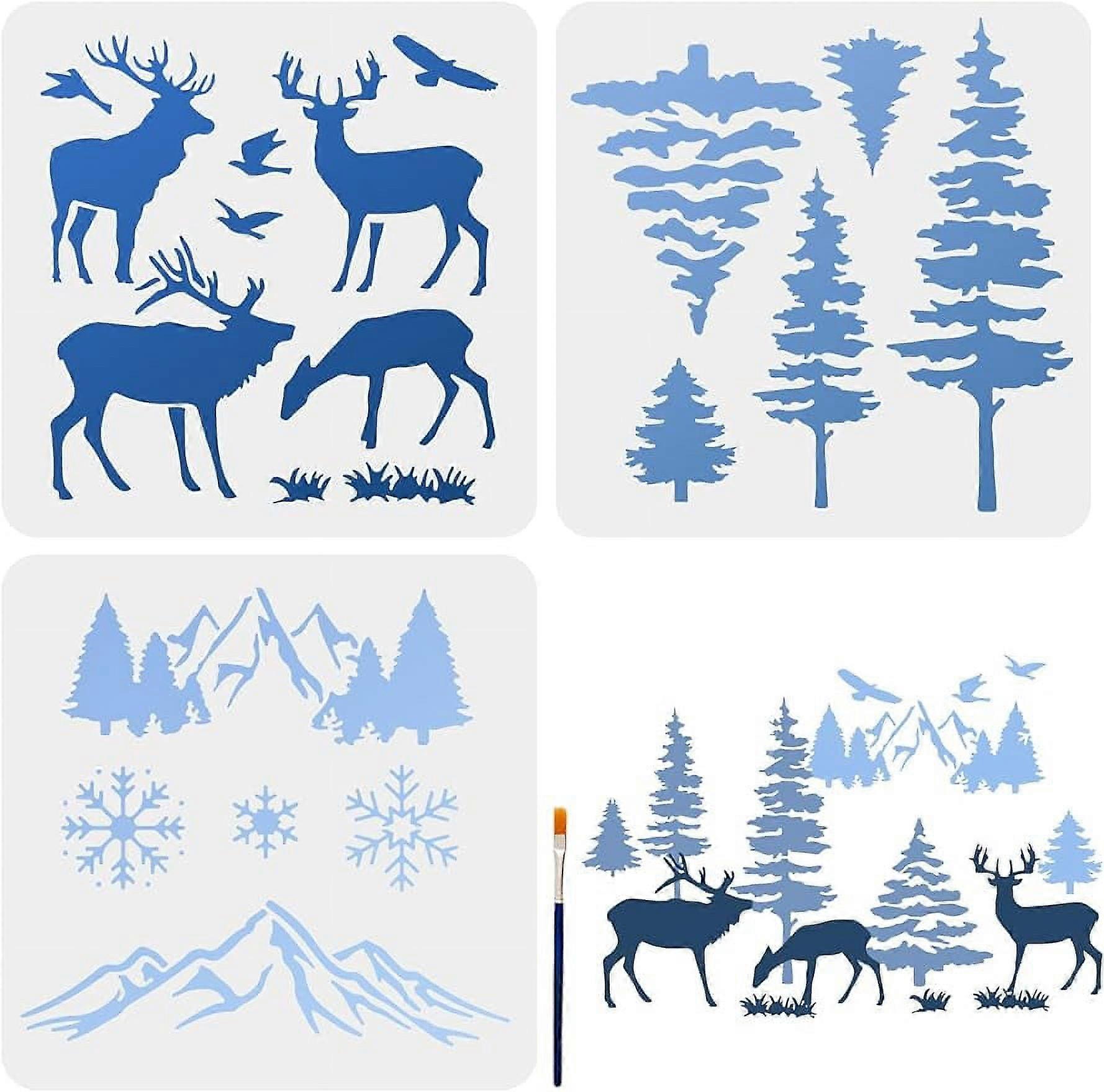 3pcs Large Forest Deer Mountain Stencils Snowflake Bird Tree Drawing Spraying Templates with Paint Brush