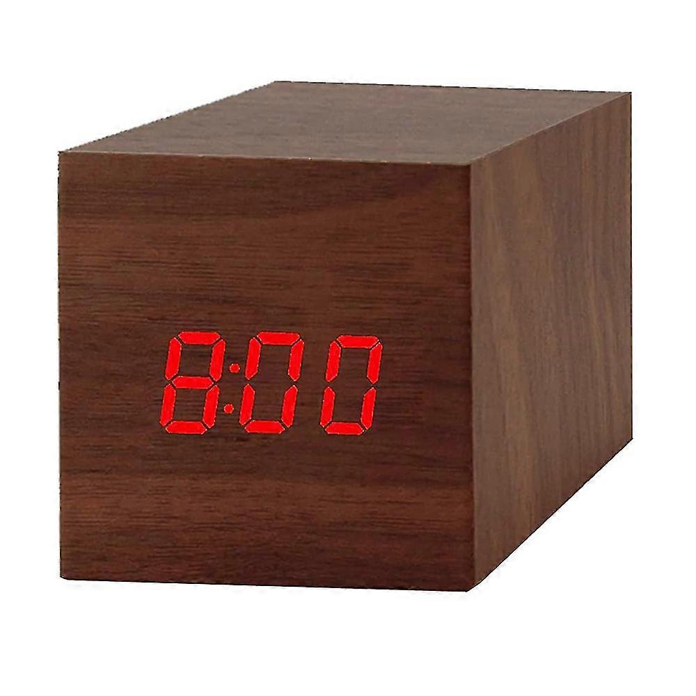 digital alarm clock, wood led light mini modern cube desk alarm clock displays time date temperature for kids, bedrooms, home, dormitory, travel