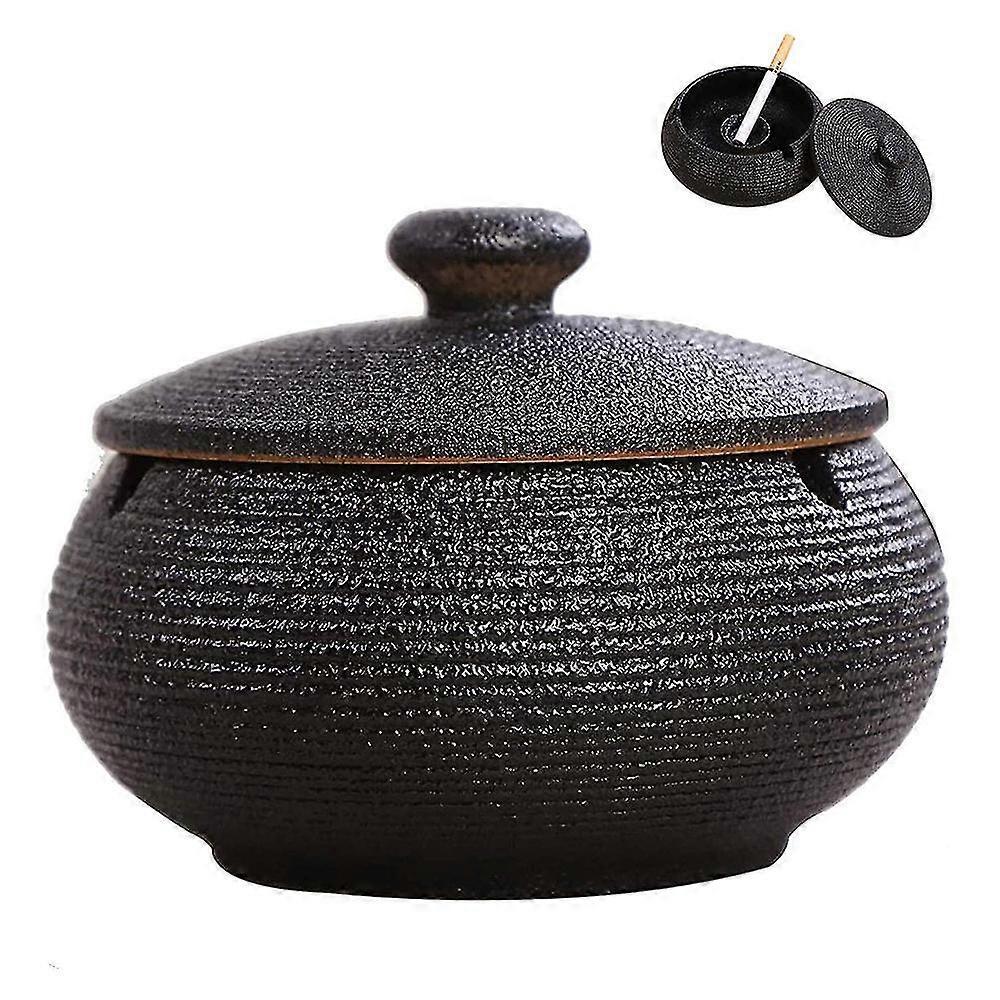 Ceramic Ashtray With Lids, Windproof, Cigarette Ashtray For IndoorBlack