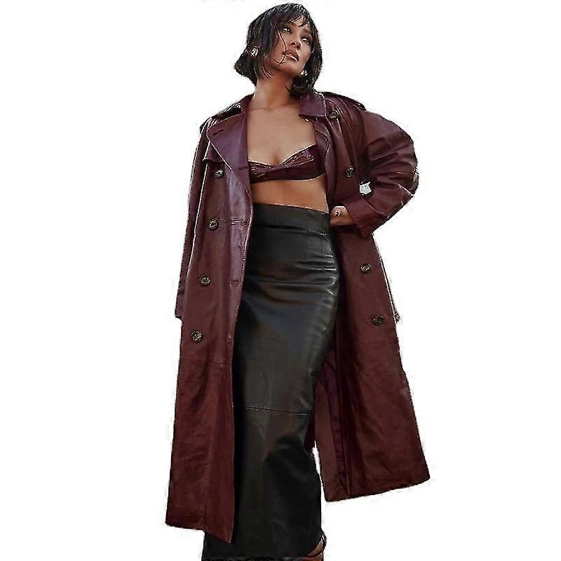 2024 أزياء أحمر بو الجلود مع حزام سترات طويلة للنساء السببية طويلة الأكمام واحد الصدر Streewear خريف الشتاء طية صدر السترة سيدة معطف