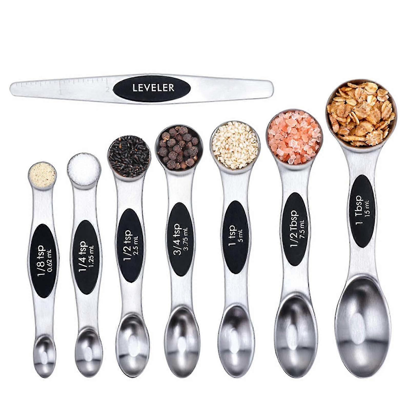 rustfritt stål dobbelthodet måleskje 8-delt sett krydderskje