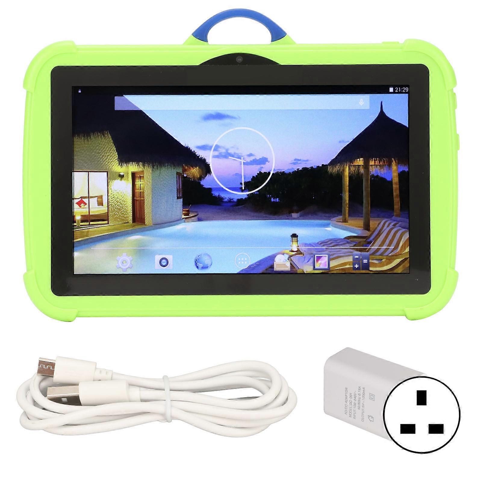 7 Pouces Enfants Tablette IPS HD Écran De Protection Des Yeux 1 Go RAM 8 Go ROM Double Caméra Tablette avec Support De Protection Étui Vert UK Plug