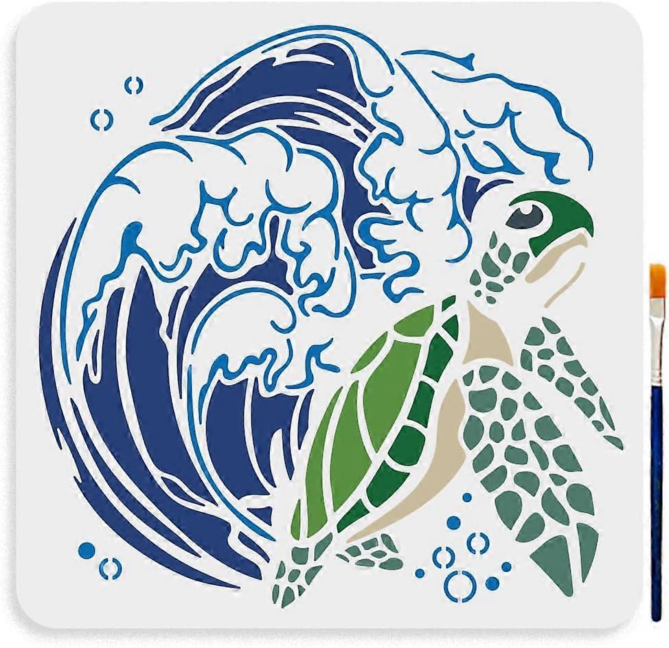 Turtle Waves Stencil 11.811.8inch Large Sea Ocean Turtle Stencil Reusable Sea Animal Drawing Template with Paint Brush for Art Crafts Canvas Furniture